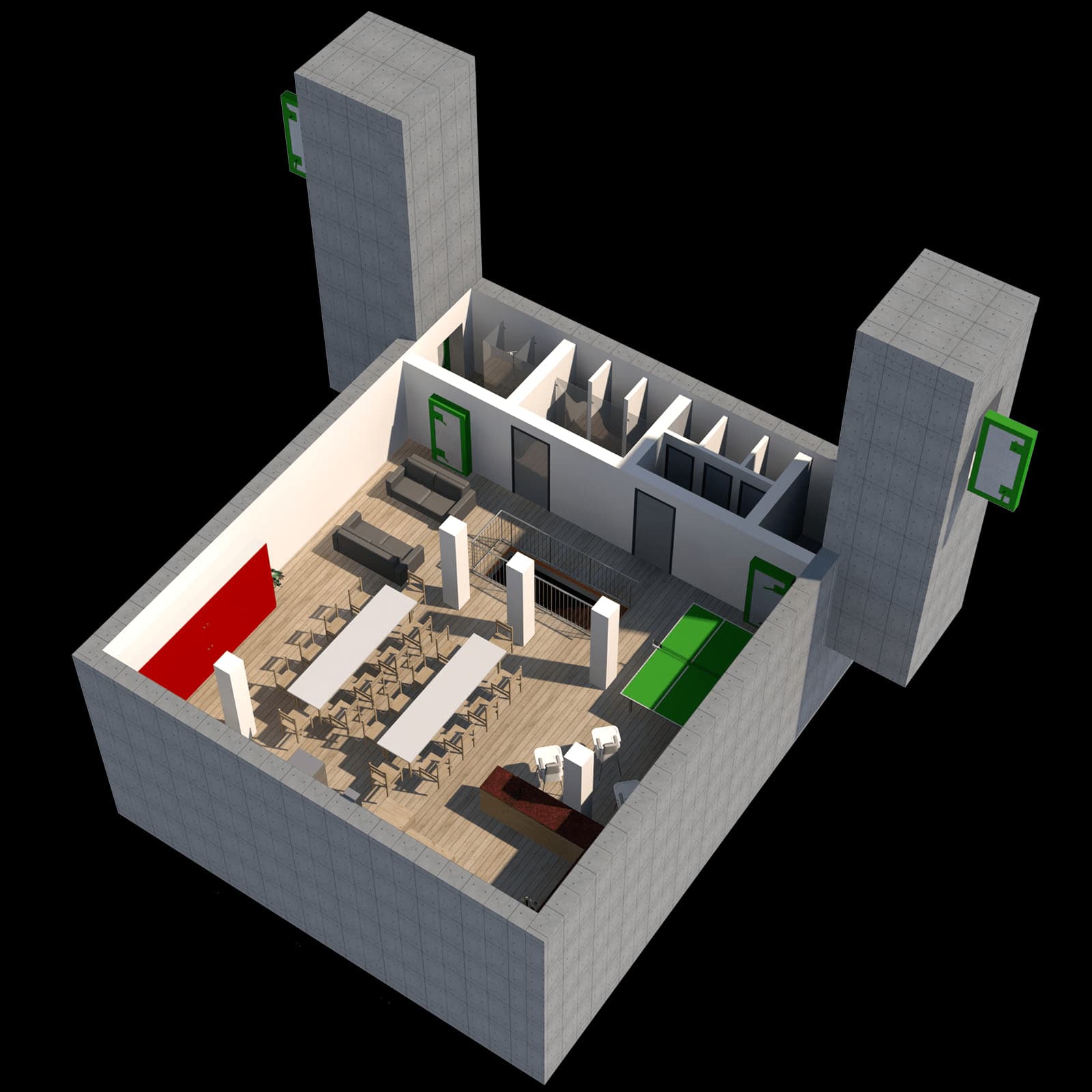 Bunker TVM — rendu 3D d'un abri souterrain sur mesure, vue intérieure en coupe